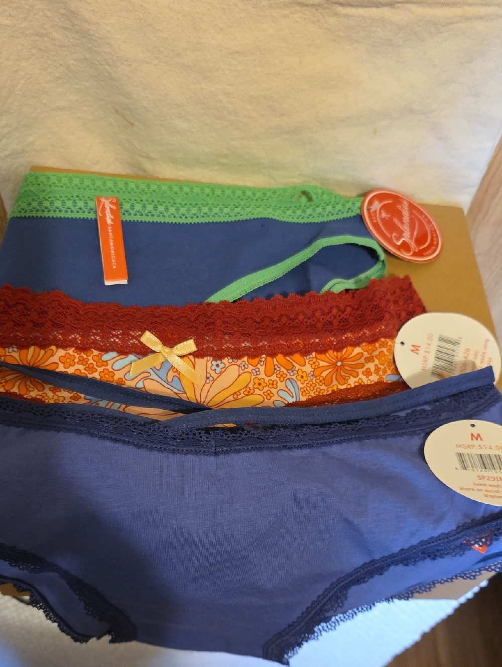 Women's Cotton Bikini Briefs - Navy, Green Trim & Orange Floral - 3 Pack